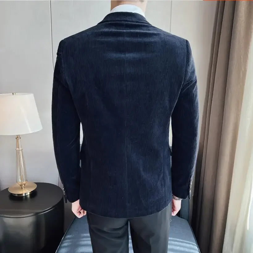Blazer de pana azul para hombre, chaqueta informal de botonadura sencilla
