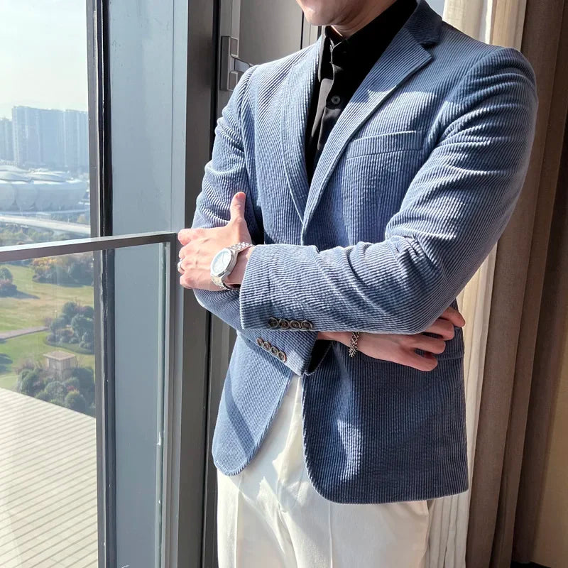 Blazer de pana azul para hombre, chaqueta informal de botonadura sencilla