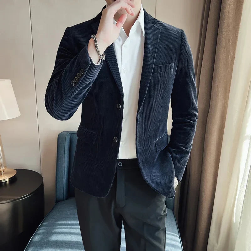 Blazer de pana azul para hombre, chaqueta informal de botonadura sencilla