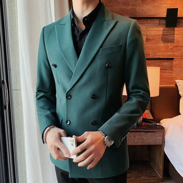 Men's Green Double Breasted Blazer with Black Buttons and Peak Lapel