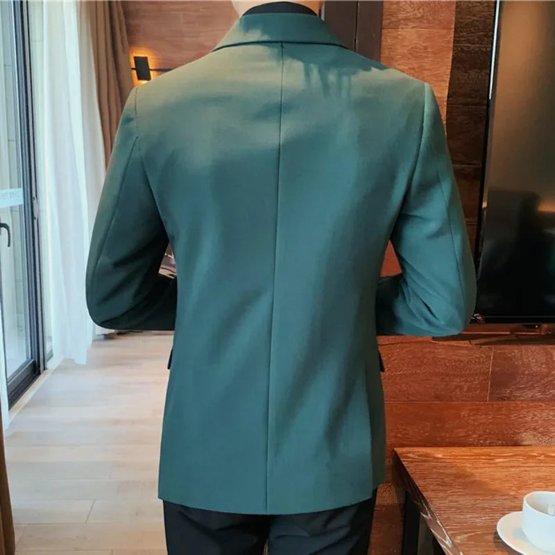 Men's Green Double Breasted Blazer with Black Buttons and Peak Lapel