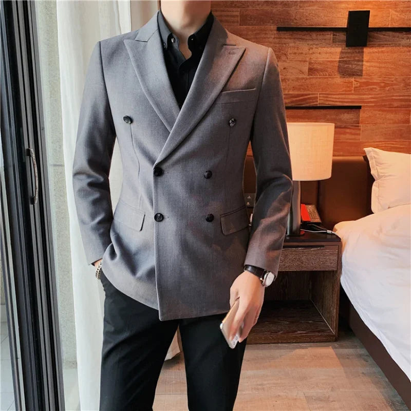 Men's Green Double Breasted Blazer with Black Buttons and Peak Lapel