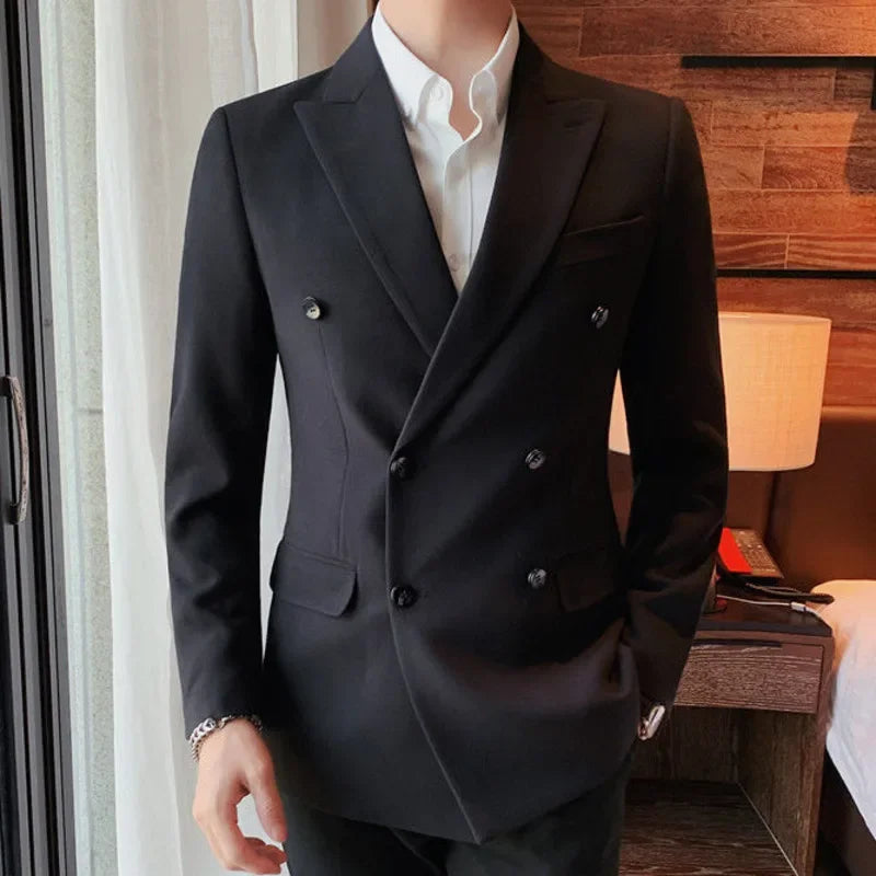 Men's Green Double Breasted Blazer with Black Buttons and Peak Lapel