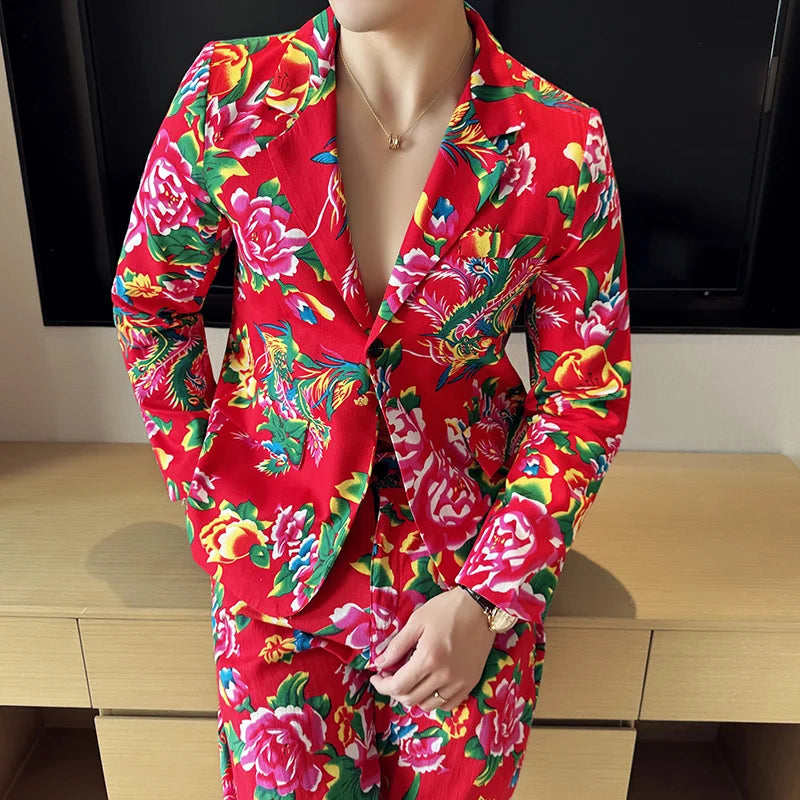 Traje de 2 piezas para hombre, estilo vintage, para fiesta, con estampado de flores grandes, estilo noreste de China, chaqueta y pantalones.