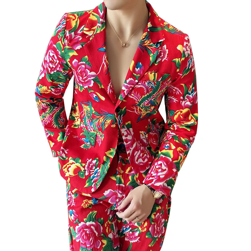 Traje de 2 piezas para hombre, estilo vintage, para fiesta, con estampado de flores grandes, estilo noreste de China, chaqueta y pantalones.