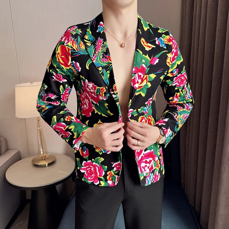 Traje de 2 piezas para hombre, estilo vintage, para fiesta, con estampado de flores grandes, estilo noreste de China, chaqueta y pantalones.