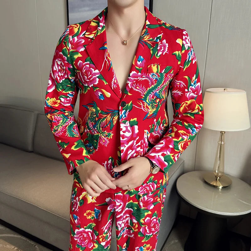 Traje de 2 piezas para hombre, estilo vintage, para fiesta, con estampado de flores grandes, estilo noreste de China, chaqueta y pantalones.