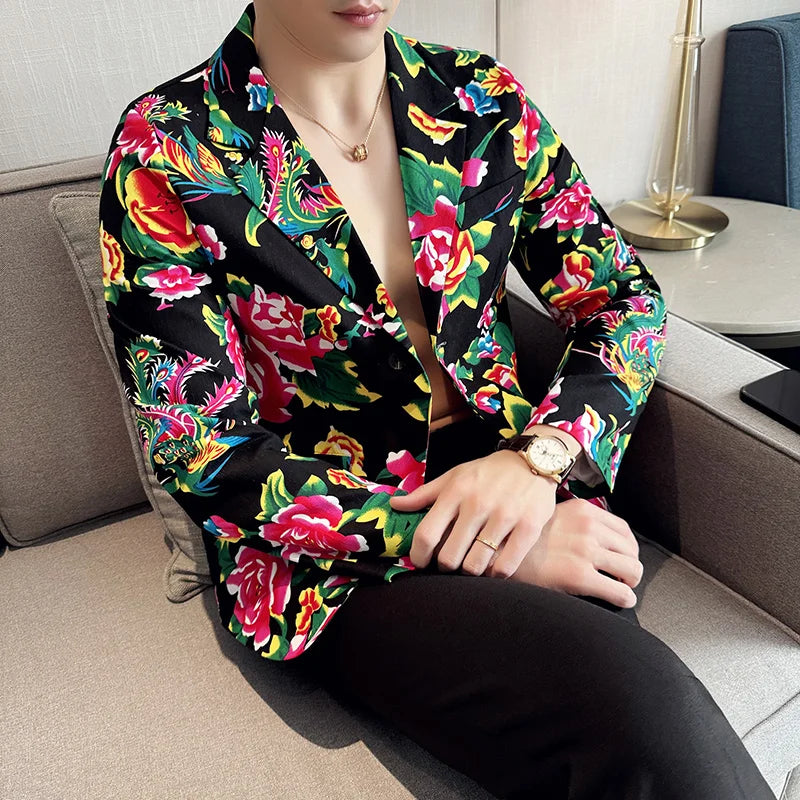 Traje de 2 piezas para hombre, estilo vintage, para fiesta, con estampado de flores grandes, estilo noreste de China, chaqueta y pantalones.