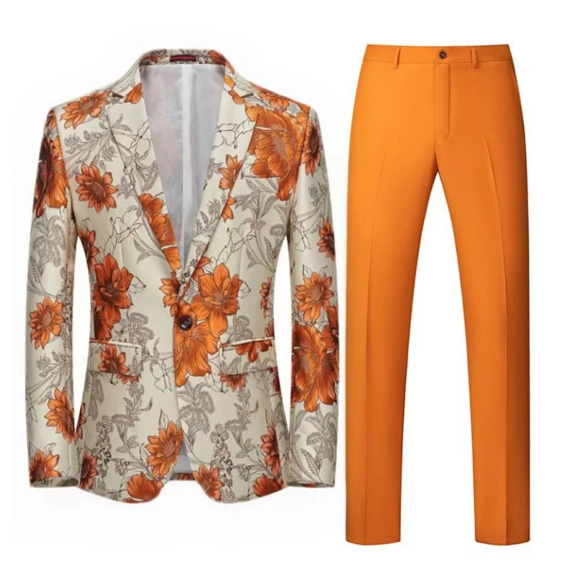 Men Suit 2 Pieces Orange Flower Pattern One Button Business Casual For  Wedding Birthday Party Set Jacket And Pants