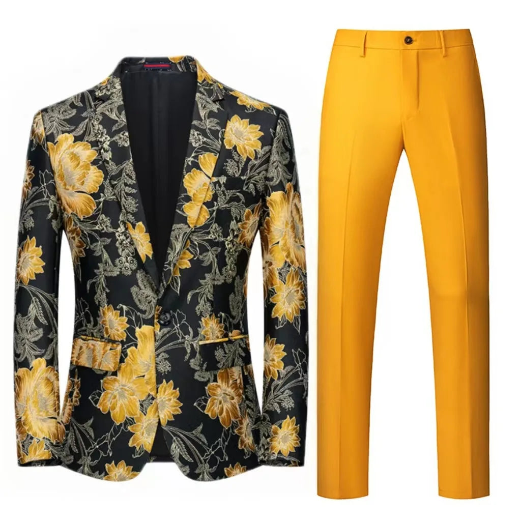 Traje de hombre de 2 piezas con estampado de flores naranjas, un botón, informal, para boda, fiesta de cumpleaños, chaqueta y pantalón.
