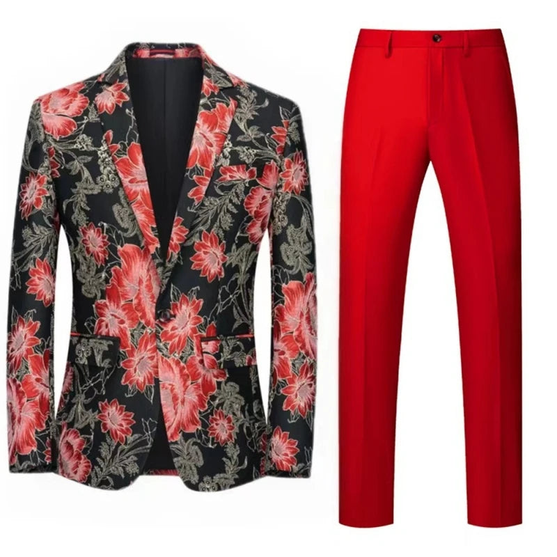 Traje de hombre de 2 piezas con estampado de flores naranjas, un botón, informal, para boda, fiesta de cumpleaños, chaqueta y pantalón.