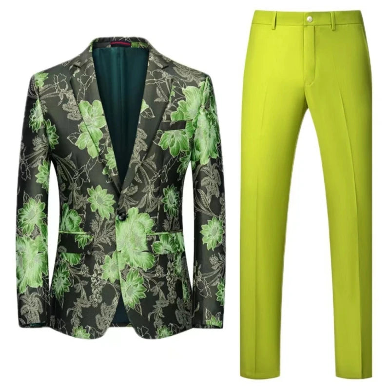 Traje de hombre de 2 piezas con estampado de flores naranjas, un botón, informal, para boda, fiesta de cumpleaños, chaqueta y pantalón.