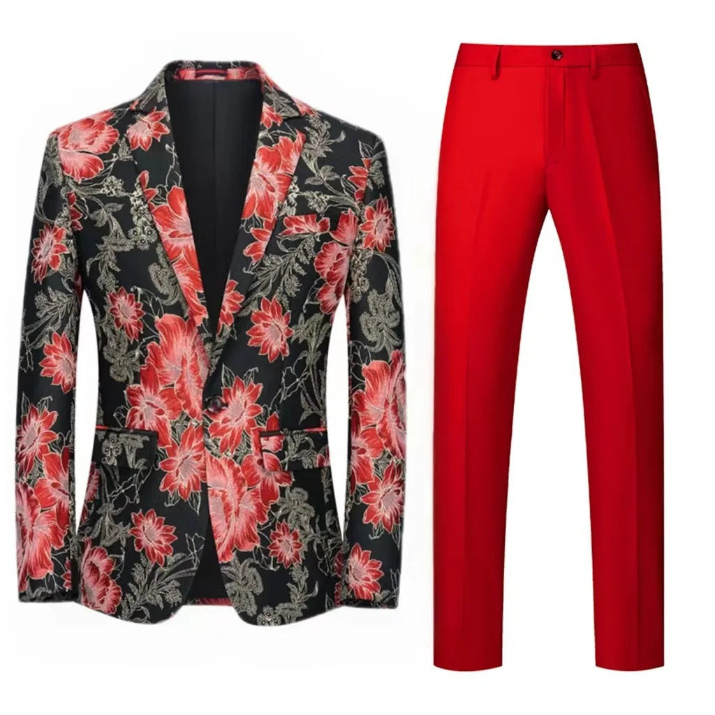 Traje de hombre de 2 piezas con estampado de flores naranjas, un botón, informal, para boda, fiesta de cumpleaños, chaqueta y pantalón.