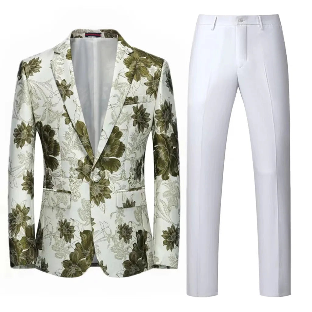 Traje de hombre de 2 piezas con estampado de flores naranjas, un botón, informal, para boda, fiesta de cumpleaños, chaqueta y pantalón.