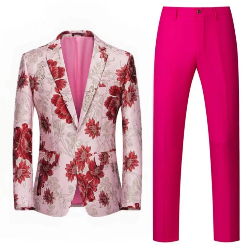 Costume homme 2 pièces motif fleur orange un bouton affaires décontracté pour mariage fête d'anniversaire ensemble veste et pantalon