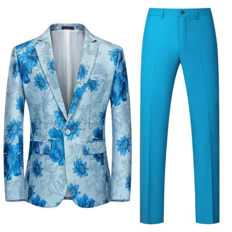 Traje de hombre de 2 piezas con estampado de flores naranjas, un botón, informal, para boda, fiesta de cumpleaños, chaqueta y pantalón.