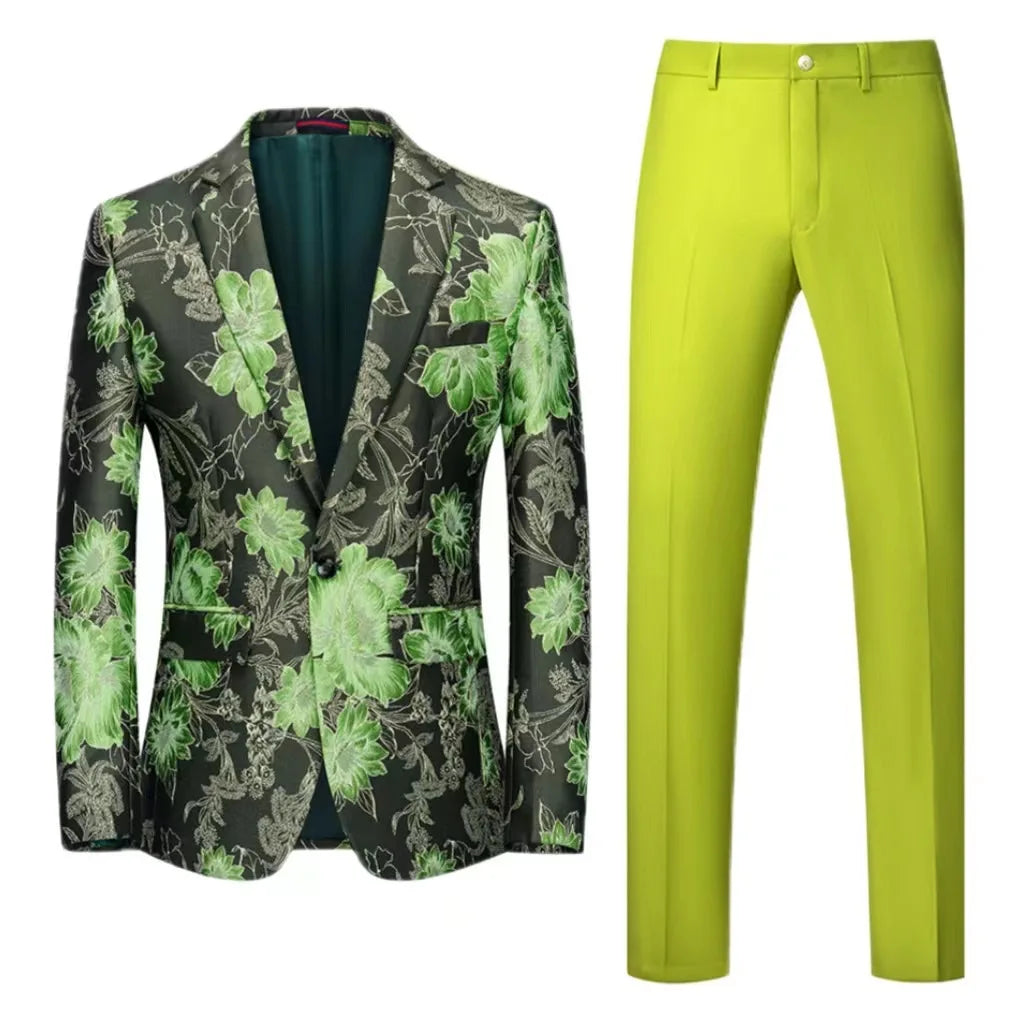 Traje de hombre de 2 piezas con estampado de flores naranjas, un botón, informal, para boda, fiesta de cumpleaños, chaqueta y pantalón.