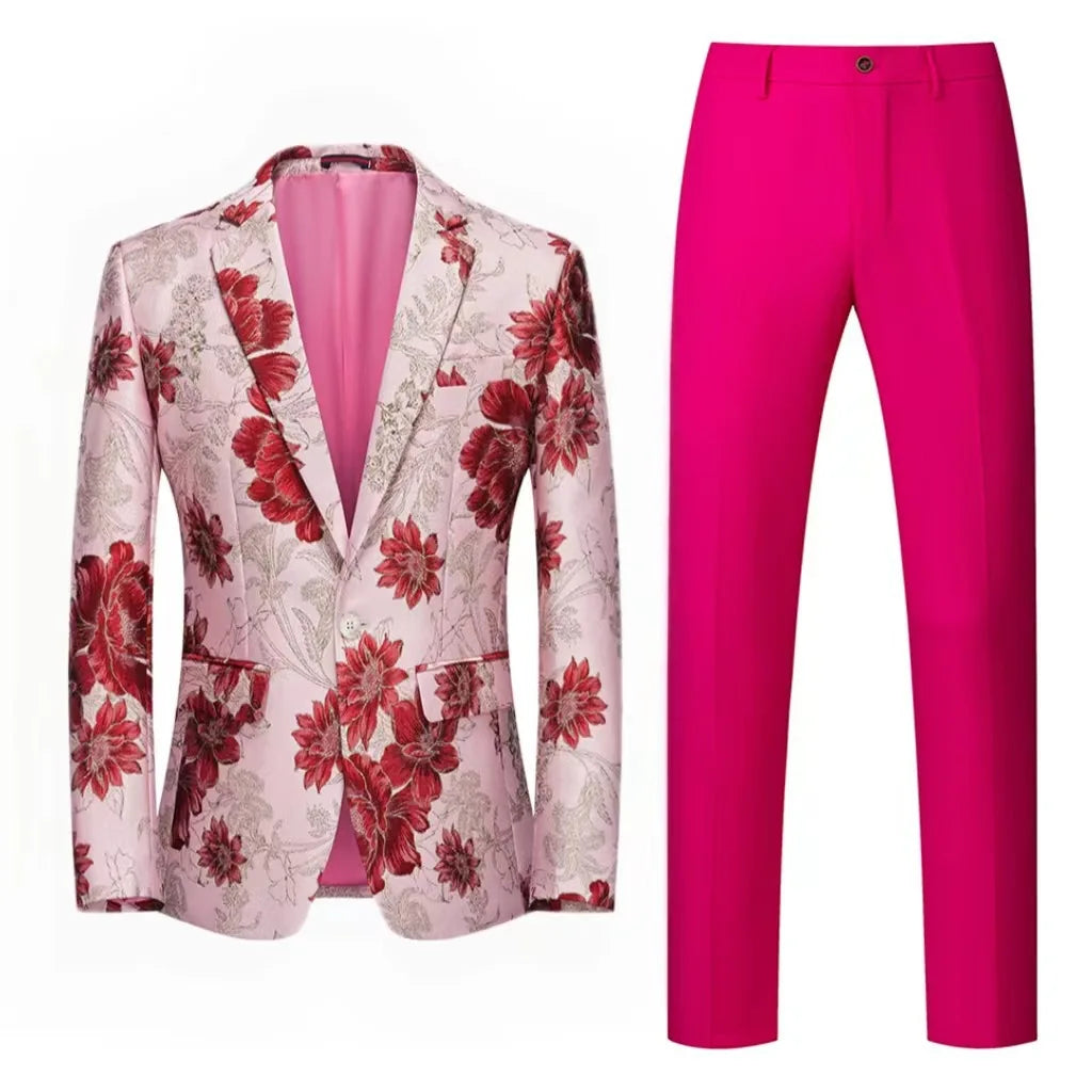 Traje de hombre de 2 piezas con estampado de flores naranjas, un botón, informal, para boda, fiesta de cumpleaños, chaqueta y pantalón.