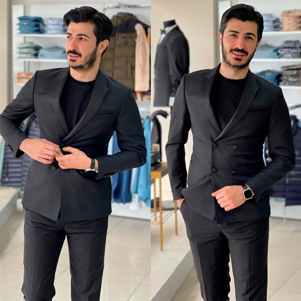 Men Suit Black 2 Pieces Tailor-Made Slim Fit Blazer Pants Double Breasted Wedding Business Groom Work Wear Causal Prom Tailored