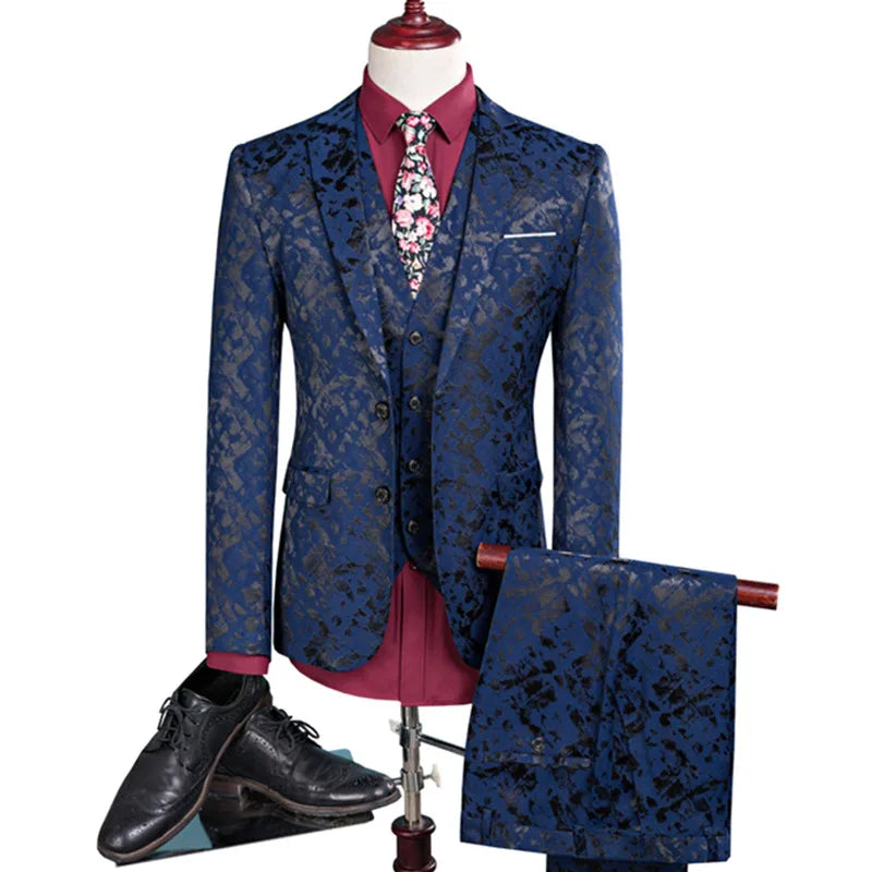 Traje de negocios para hombre, traje de un solo pecho, conjunto de 3 piezas, estampado para novio, vestido de boda, chaqueta, blazer, abrigo, chaleco, pantalones
