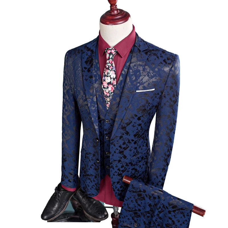 Traje de negocios para hombre, traje de un solo pecho, conjunto de 3 piezas, estampado para novio, vestido de boda, chaqueta, blazer, abrigo, chaleco, pantalones