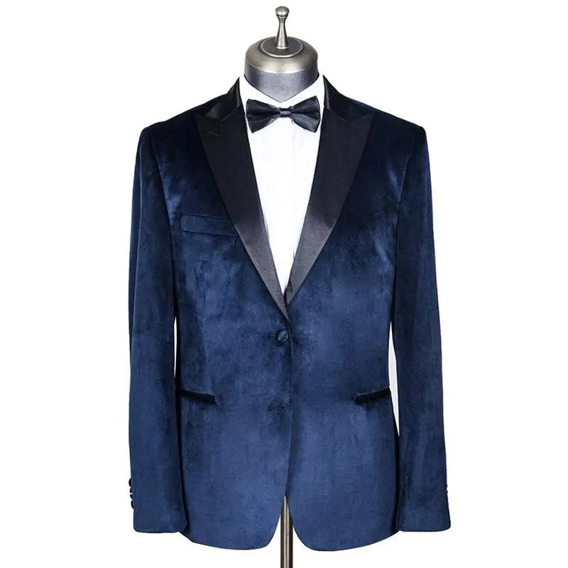 Men Suit Set Deep Blue Velvet Slim Blazers Business Formal Pants Coats Wedding Groom Jackets Homme Costume