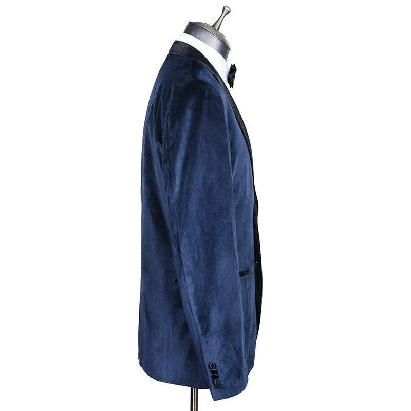 Men Suit Set Deep Blue Velvet Slim Blazers Business Formal Pants Coats Wedding Groom Jackets Homme Costume