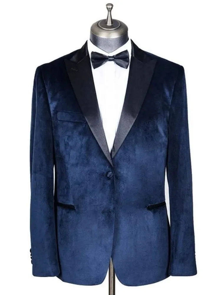 Men Suit Set Deep Blue Velvet Slim Blazers Business Formal Pants Coats Wedding Groom Jackets Homme Costume