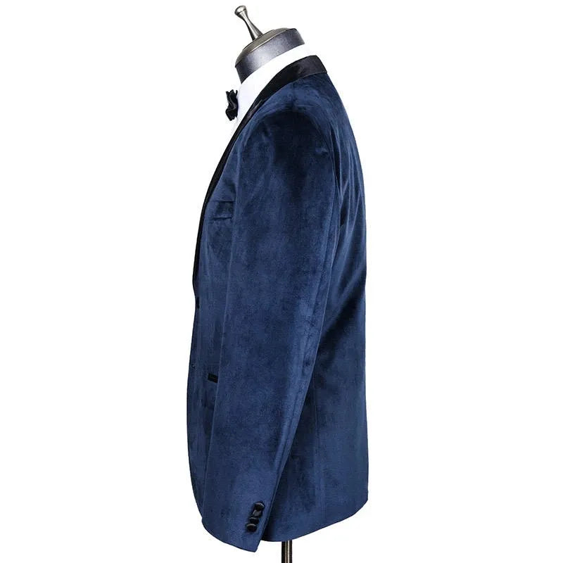 Men Suit Set Deep Blue Velvet Slim Blazers Business Formal Pants Coats Wedding Groom Jackets Homme Costume