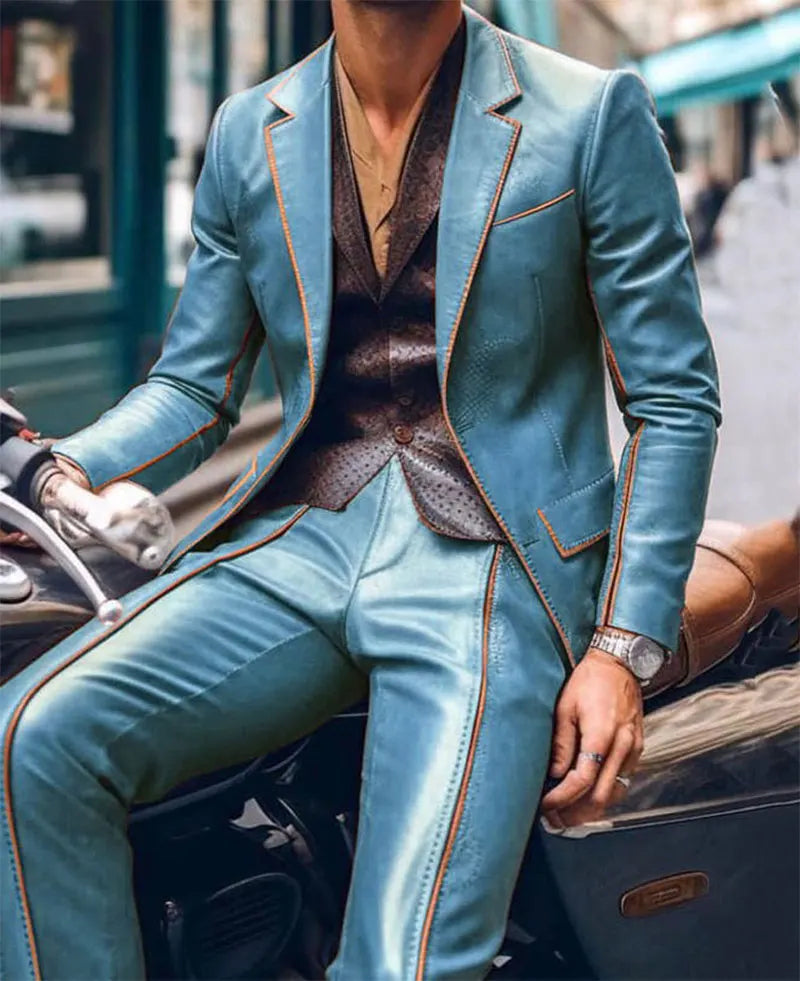 Costume homme 2 pièces, coupe slim, blazer et pantalon, garniture contrastée, revers cranté, veste en cuir PU, costume homme d'affaires décontracté, costume de bal, style moto
