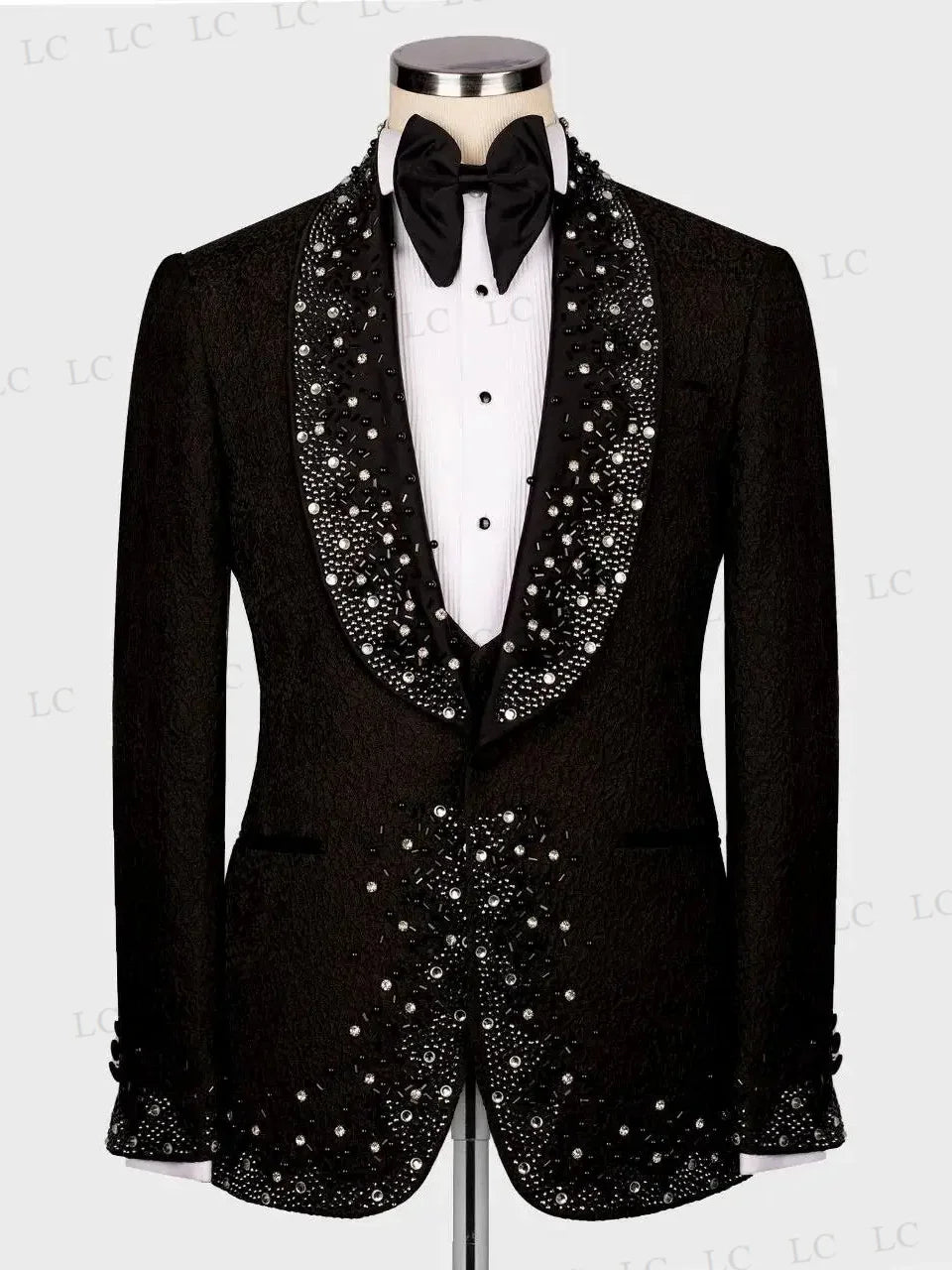 Trajes de hombre de 3 piezas, blazer, chaleco, pantalones, perlas, abalorios, diamantes, un botón, para graduación, esmoquin formal, boda, novio, talla grande, a medida.