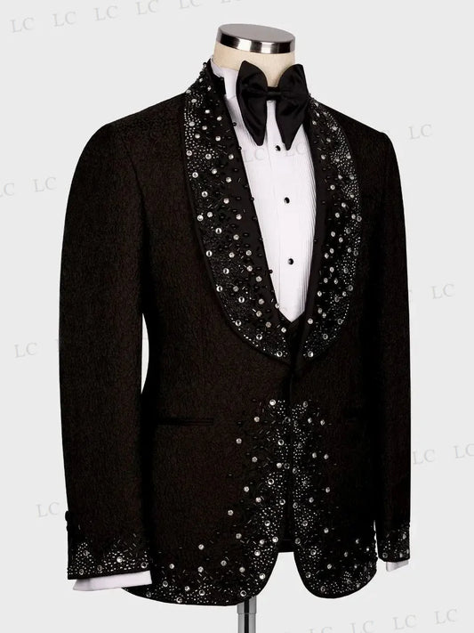 Trajes de hombre de 3 piezas, blazer, chaleco, pantalones, perlas, abalorios, diamantes, un botón, para graduación, esmoquin formal, boda, novio, talla grande, a medida.
