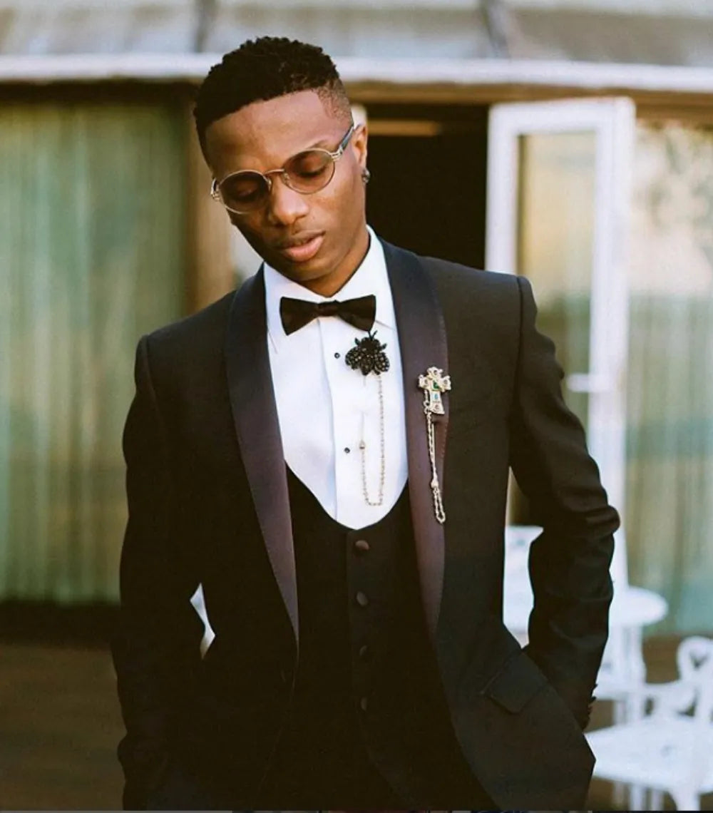 Trajes de hombre con cuello de satén negro, botonadura sencilla, corte entallado, para negocios, boda, novio, esmoquin formal, chaqueta, pantalón y chaleco, 3 piezas