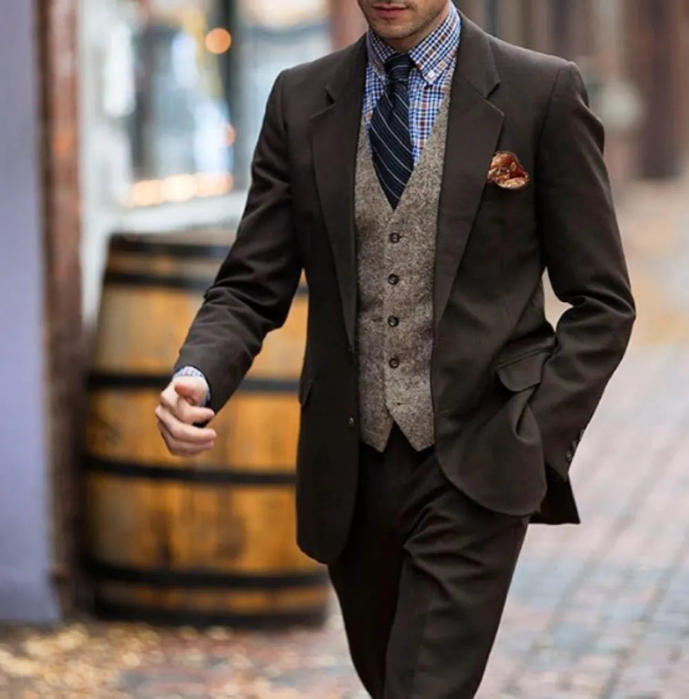 Costume homme marron foncé à chevrons, gilet, personnalisé, coupe slim, smoking de mariage, pour soirée, veste, pantalon et gilet, 3 pièces 