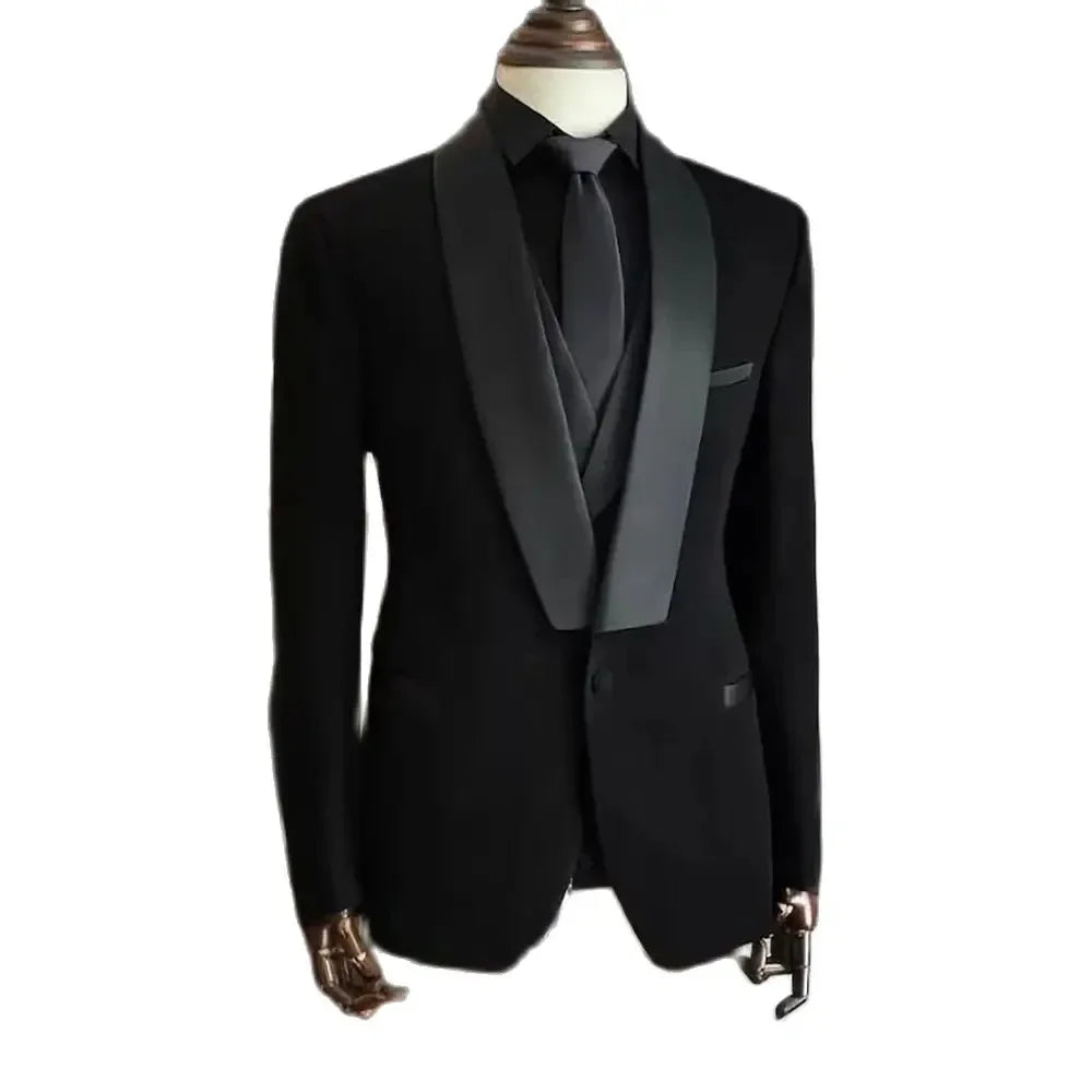 Costume homme noir 3 pièces de haute qualité, veste, pantalon, gilet, blazer élégant, tenue de luxe, ensemble de soirée pour mariage, costume de fête
