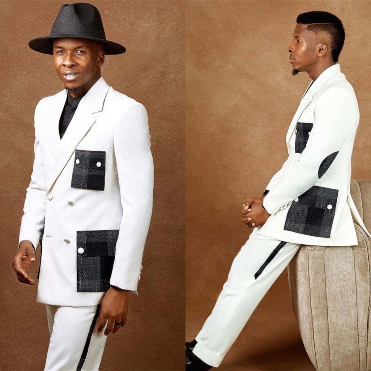 Ensemble de costumes pour hommes, smoking de mariage blanc 2 pièces, blazer et pantalon avec poches à carreaux, robe de bal tendance, manteau masculin sur mesure 