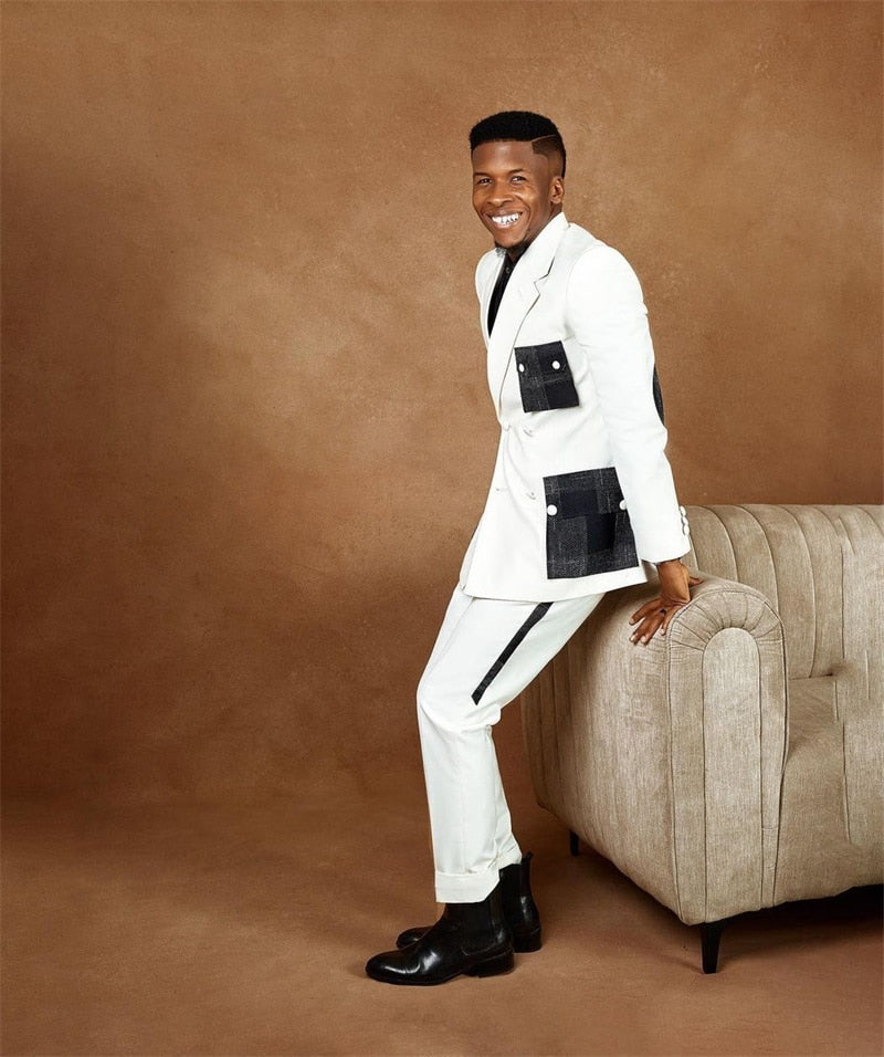 Ensemble de costumes pour hommes, smoking de mariage blanc 2 pièces, blazer et pantalon avec poches à carreaux, robe de bal tendance, manteau masculin sur mesure 