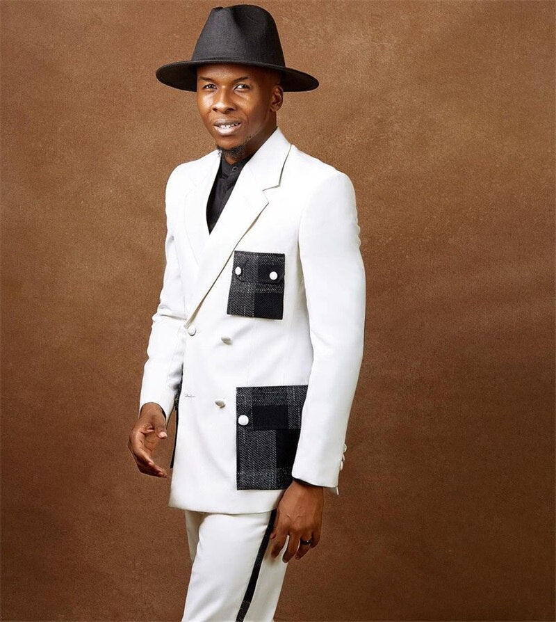 Ensemble de costumes pour hommes, smoking de mariage blanc 2 pièces, blazer et pantalon avec poches à carreaux, robe de bal tendance, manteau masculin sur mesure 