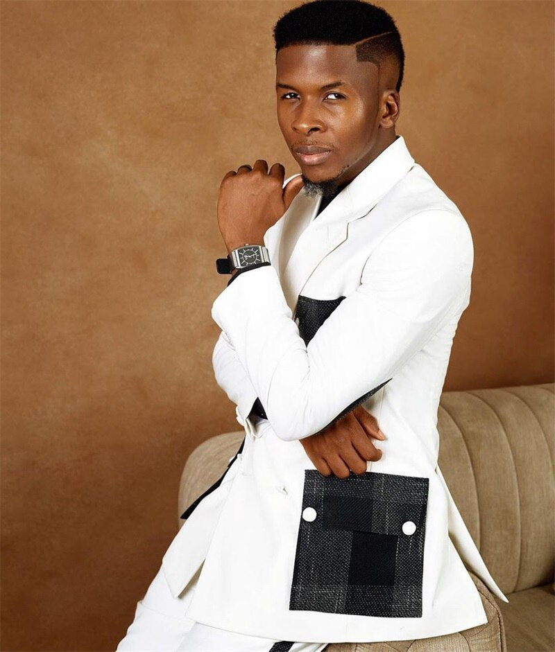 Ensemble de costumes pour hommes, smoking de mariage blanc 2 pièces, blazer et pantalon avec poches à carreaux, robe de bal tendance, manteau masculin sur mesure 