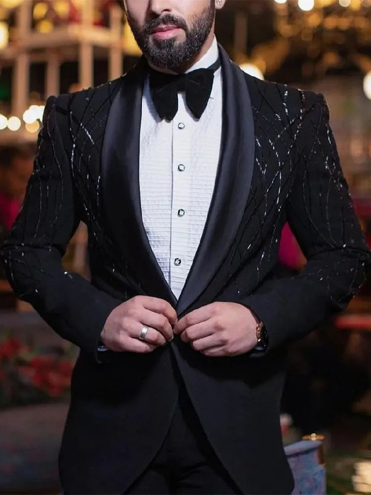 Men Suits Tailor-Made 2 Pieces Blazer Pants One Button Beaded Sequins Satin Lapel Gentle Business Wedding Plus Size Tailored