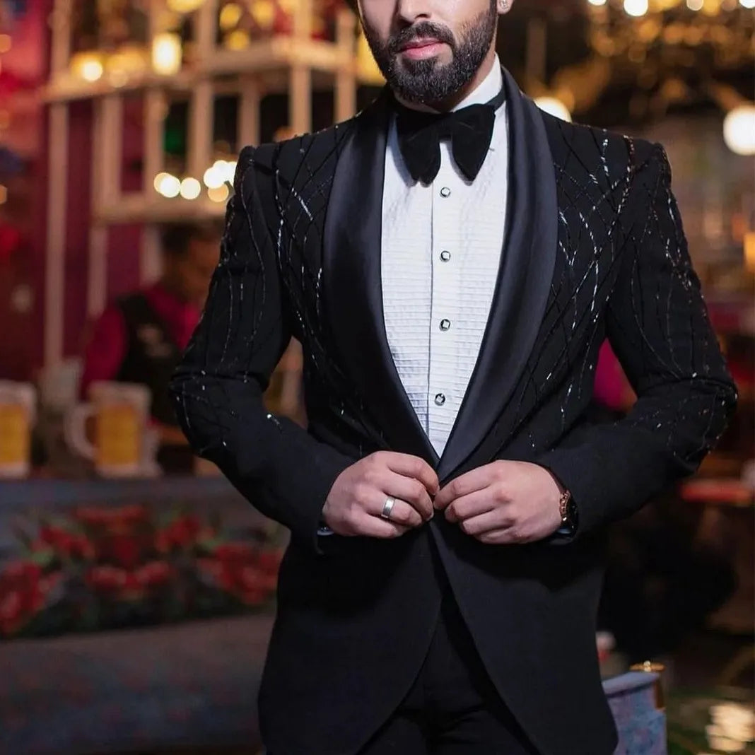 Men Suits Tailor-Made 2 Pieces Blazer Pants One Button Beaded Sequins Satin Lapel Gentle Business Wedding Plus Size Tailored