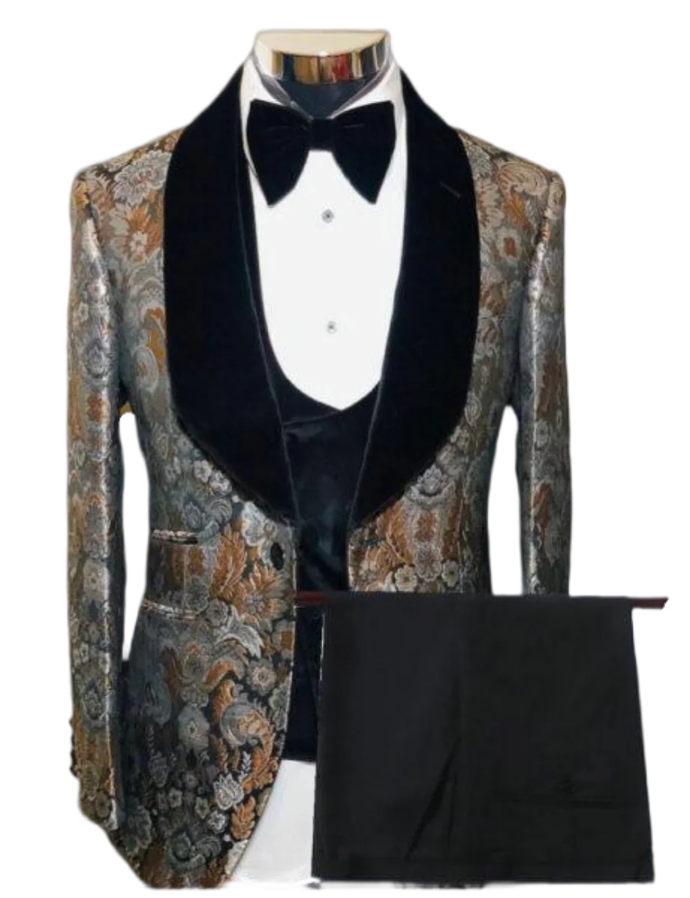 Men Suits Velvet Shawl Lable Floral Blazer One Button Formal Business Suit Wedding Tuxedos (Blazer+vest+Pant) Suits for Men