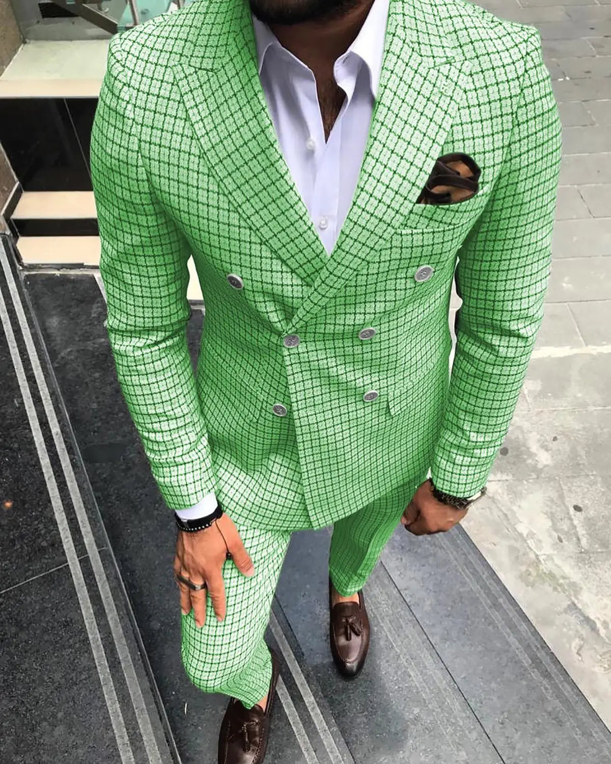 Men Suits for Wedding Double Breasted Blazer Plaid Tuxedo Men 2 Pieces Mint Green Groomsmen Suits (Blazer+Pants)