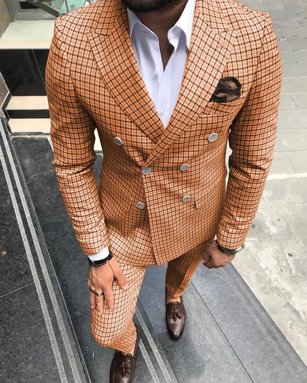 Men Suits for Wedding Double Breasted Blazer Plaid Tuxedo Men 2 Pieces Mint Green Groomsmen Suits (Blazer+Pants)