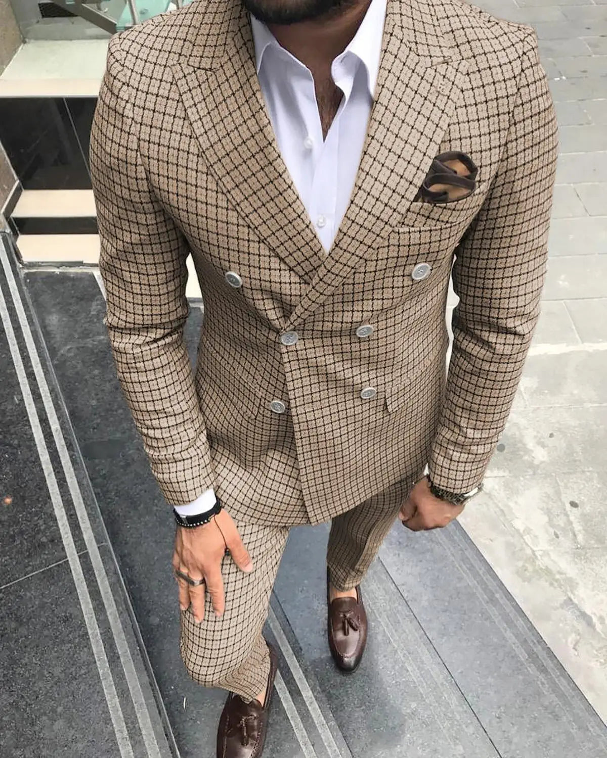 Men Suits for Wedding Double Breasted Blazer Plaid Tuxedo Men 2 Pieces Mint Green Groomsmen Suits (Blazer+Pants)