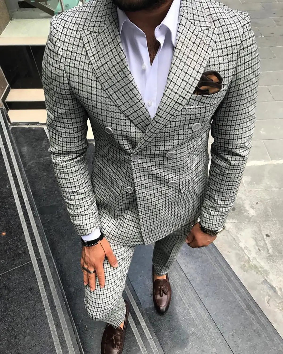 Men Suits for Wedding Double Breasted Blazer Plaid Tuxedo Men 2 Pieces Mint Green Groomsmen Suits (Blazer+Pants)