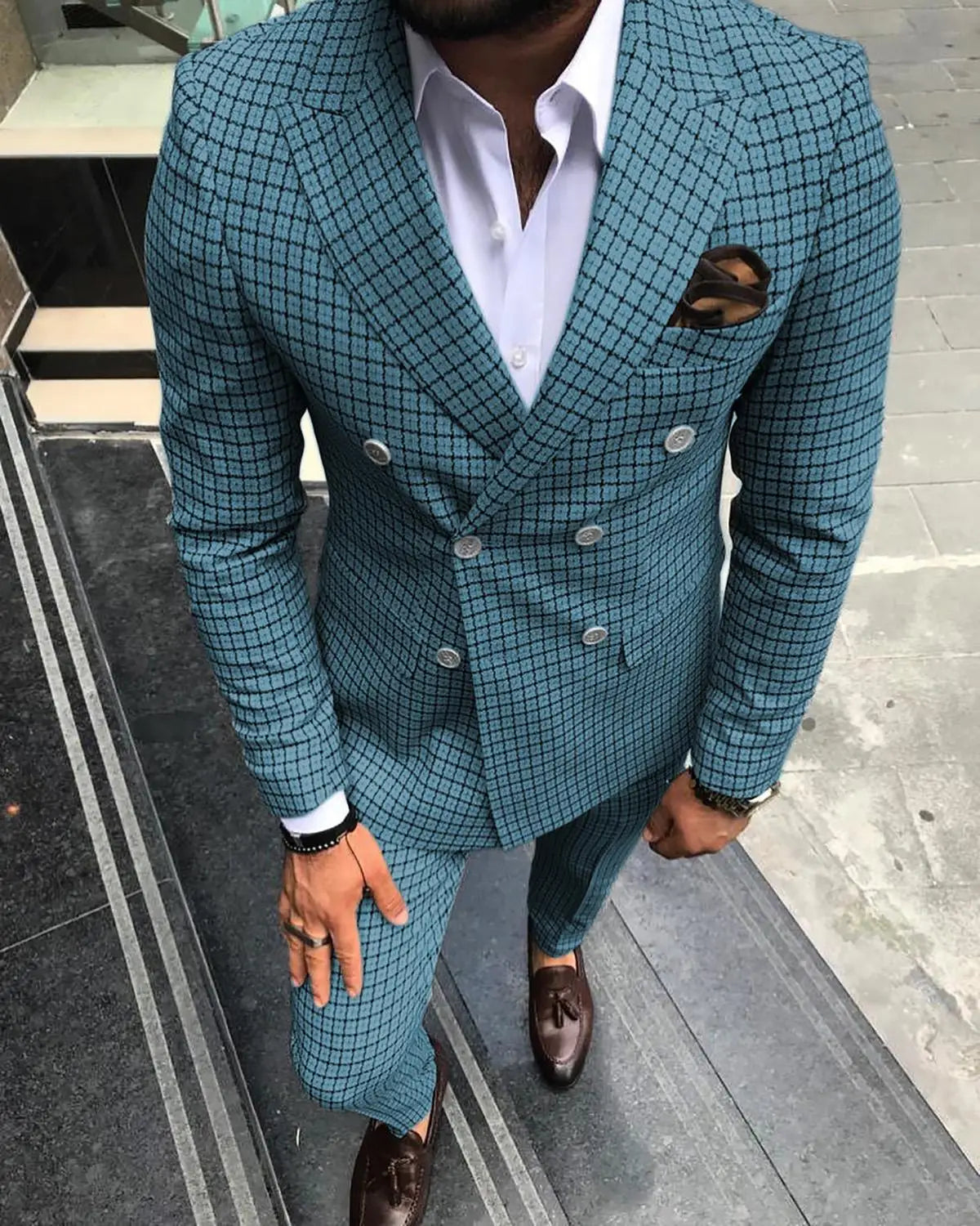 Men Suits for Wedding Double Breasted Blazer Plaid Tuxedo Men 2 Pieces Mint Green Groomsmen Suits (Blazer+Pants)