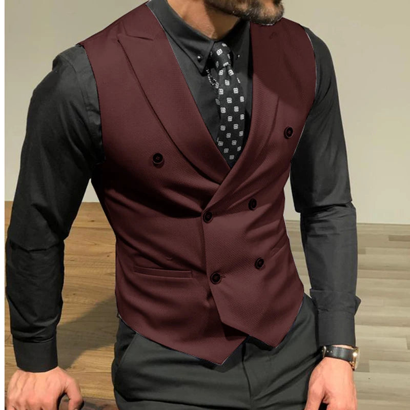 Men Vest Burgundy With Double Breasted Slim Fit Groomsmen Waistcoat For Wedding Business