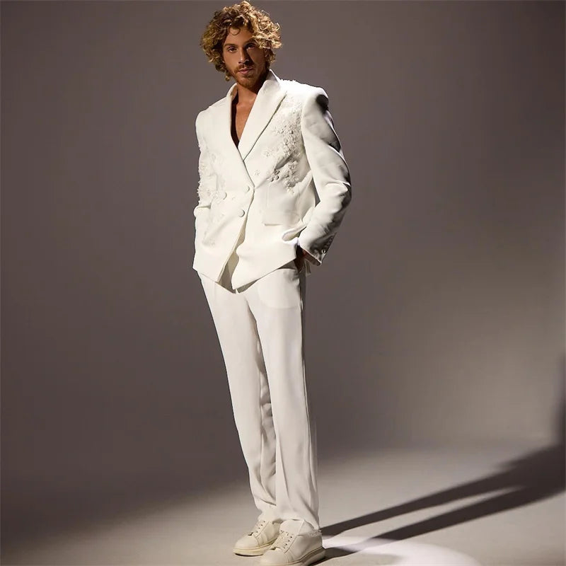 Costume de marié classique pour homme, 2 pièces, blazer, pantalon, smoking, appliques, perles, tenue de travail formelle, bal, grande taille, sur mesure