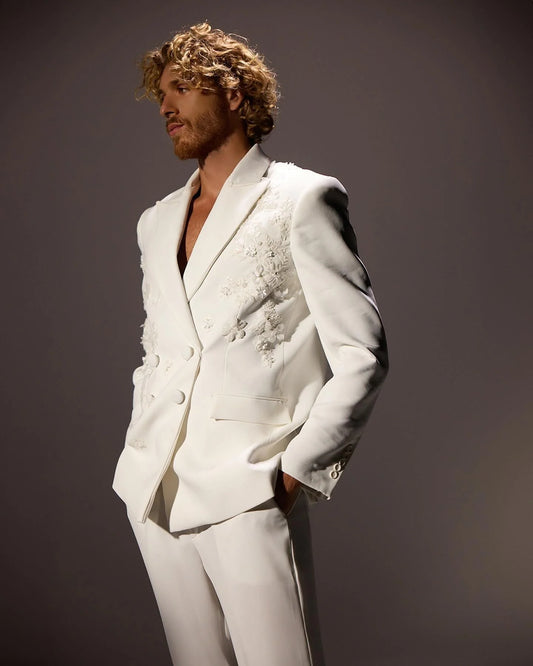 Costume de marié classique pour homme, 2 pièces, blazer, pantalon, smoking, appliques, perles, tenue de travail formelle, bal, grande taille, sur mesure